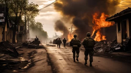 Fototapeten Soldiers make their way through destroyed buildings. There's destruction and fire everywhere © Sergey
