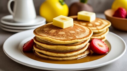  Deliciously stacked pancakes with butter and fresh strawberries