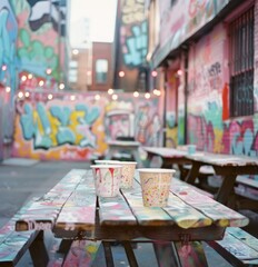 Coffee cup on the wooden table in front of graffiti wall.