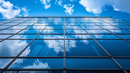 Reflective glass facade of a modern skyscraper. - obrazy, fototapety, plakaty