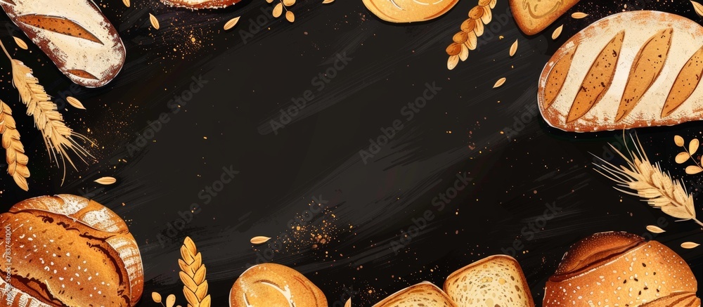 Poster freshly baked homemade rye and wheat bread loaves arranged on a dark backdrop with copy space in a t