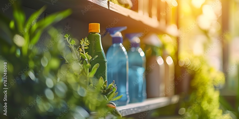 Sticker Eco-friendly cleaning products on a shelf, close-up, green living, soft light 