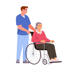 Disabled seniors support. Vector illustration in flat cartoon style of elderly woman in a wheelchair and a male young doctor helping her. Isolated on transparent background.