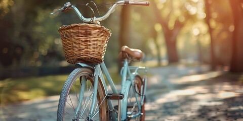 Bicycle with a basket, transportation alternative, close-up, sunny day 
