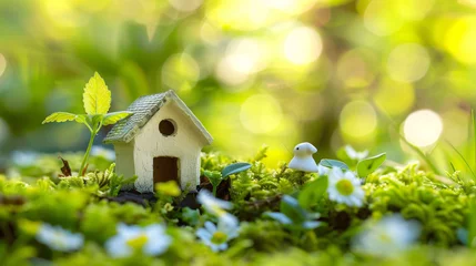 Zelfklevend Fotobehang Mini house model on spring grass, real estate investment and financial management concept illustration © lin