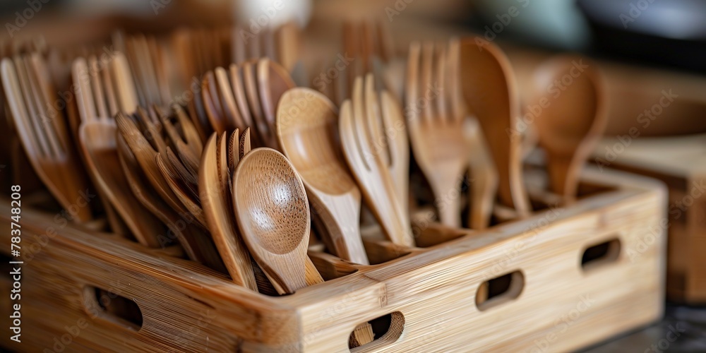 Sticker Biodegradable utensils in a bamboo organizer, close view, zero waste concept