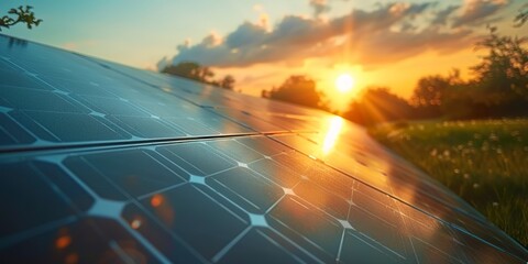 Fototapeta premium Solar panel on a home roof, close-up, sustainability in action, clear sky