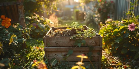 Close-up of a compost bin in a garden, sustainable living, natural light -