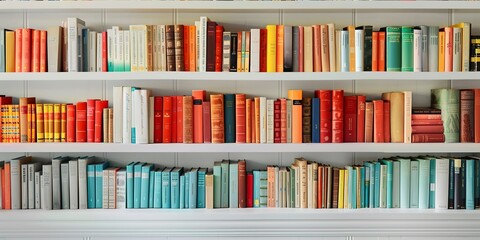 Books sorted by genre on shelves, close-up, organized literary escape, soft hue - obrazy, fototapety, plakaty