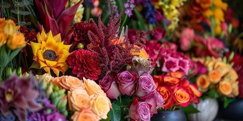 Floral arrangements in progress, close view, vibrant colors, event prep 