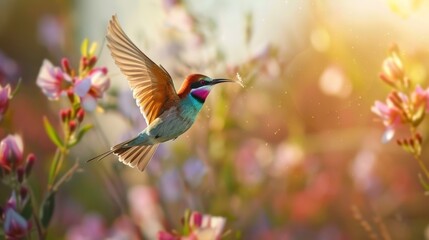 A song bird flying over a field of flowers