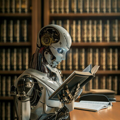 Artificial Intelligence Robots reading book in library. Generative AI