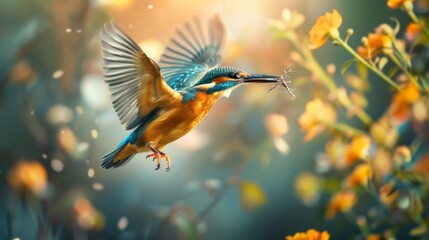 Naklejka premium A song bird flying over a field of flowers