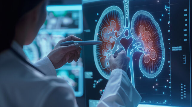 The doctor looks at the inflammation kidney hologram, checks the test result on the virtual interface. Generative AI