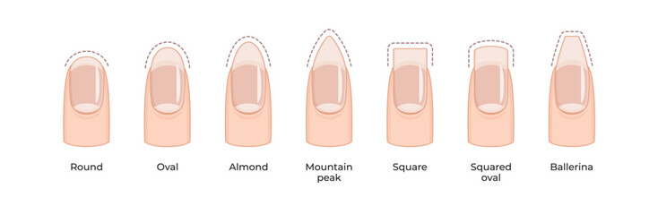 A set of seven different nail shapes, each with a unique design. The shapes range from square to oval, and they are all arranged in a row.  © Elena