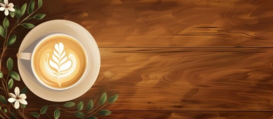 Coffee latte seen from above, displaying an artistic flower design on a wooden surface - obrazy, fototapety, plakaty
