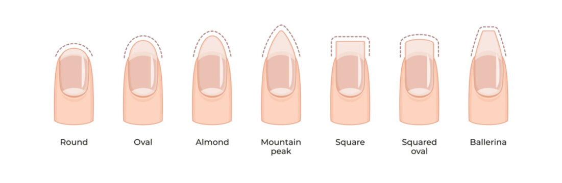 A set of seven different nail shapes, each with a unique design. The shapes range from square to oval, and they are all arranged in a row. 