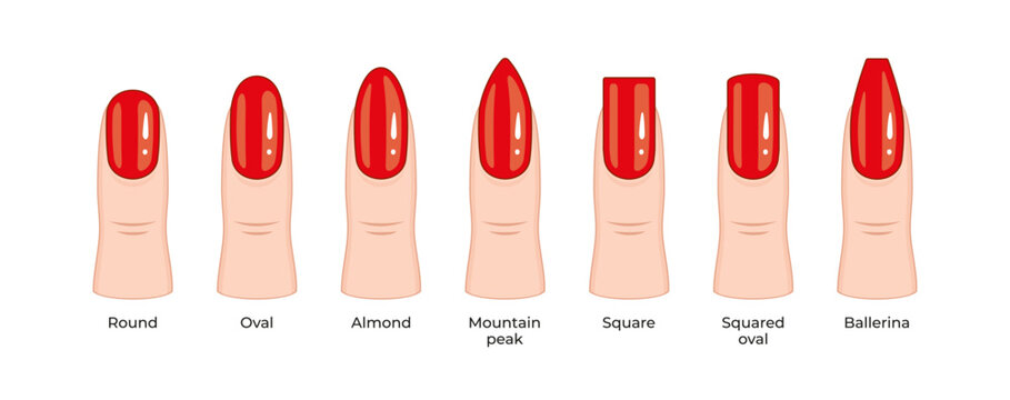 Fingers with red polish with different types of nails.