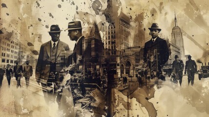 poster with a vintage look, incorporating black and white photos of historic labor movements - obrazy, fototapety, plakaty