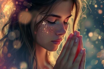 Devout Beautiful girl praying. Religious woman prayer with belief in god. Generate ai