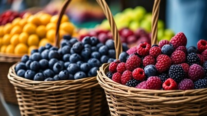  Freshly picked berries in baskets ready for market - obrazy, fototapety, plakaty