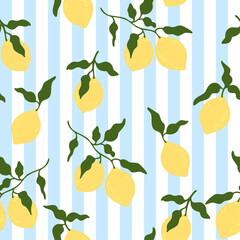 Seamless pattern with yellow lemons on striped background