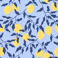 Naklejka premium Seamless pattern with lemons on blue background