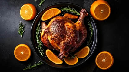 Foto op Plexiglas  Delicious roasted chicken with orange slices and herbs © vivekFx