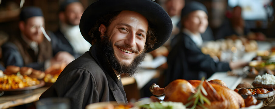 Family Passover dinner seder. Jewish man with kippah sitting at festive table with traditional food. Jewish family celebrate Hanukkah, Shavuot. Bat and Bar Mitzvah