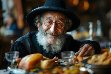 Family Passover dinner seder. Jewish man with kippah sitting at festive table with traditional food. Jewish family celebrate Hanukkah, Shavuot. Bat and Bar Mitzvah - obrazy, fototapety, plakaty