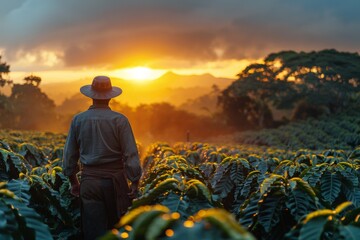A man in a hat stands observing the magnificent sunset over a vast coffee plantation