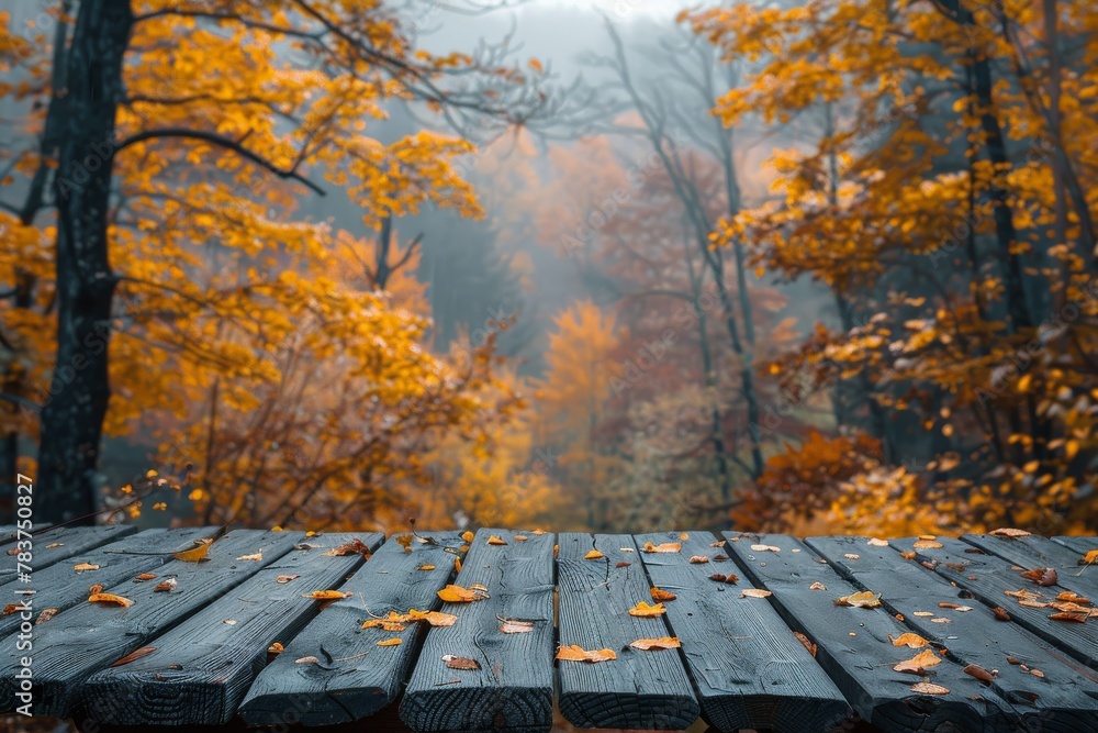 Poster A mystical autumn forest scene with a carpet of leaves and fog setting a serene yet mysterious atmosphere