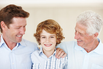Boy, portrait and hug for dad or grandpa in home, support and happy for together generations in...