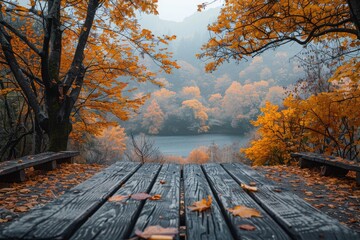 Two oaken benches overlook a calm lake surrounded by trees adorned with vibrant autumn leaves - obrazy, fototapety, plakaty