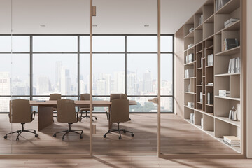 Beige glass office room interior with meeting board and shelf, panoramic window