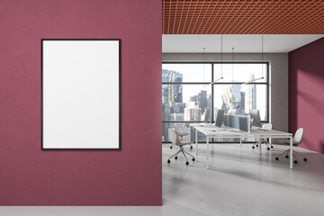 White and red open space office interior with poster