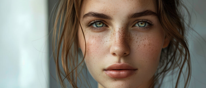 Face of attractive teenage girl without makeup with good skin, beautiful blue eyes and few freckles is looking at the front camera