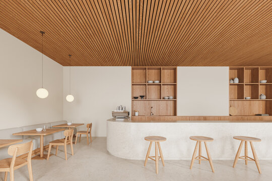 Modern cafe interior with bar island and dining table with chairs in row