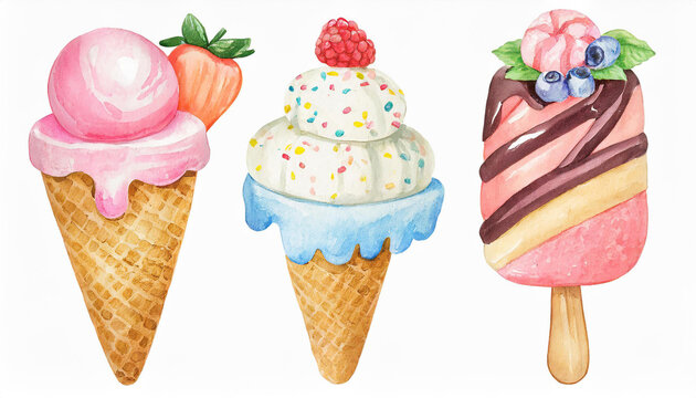 Watercolor style illustration of cute 3 ice-creams, kawaii art, isolated on white. Tasty dessert.