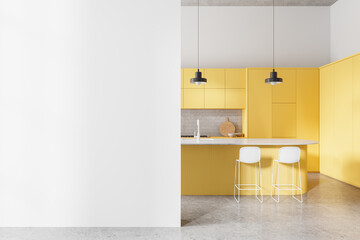 Fototapeta na wymiar Bright kitchen interior with cooking cabinet and counter, mock up wall
