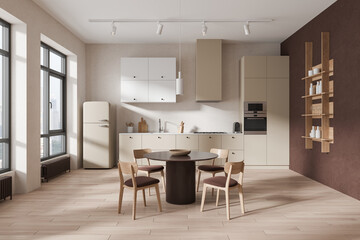 Beige home kitchen interior with dining table and cooking cabinet, window