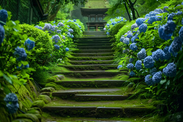 Hydrangea stairs leading to the temple gate generated by AI - obrazy, fototapety, plakaty