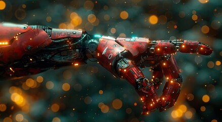 A futuristic red robotic arm with advanced technology design, with glowing lights and intricate details - obrazy, fototapety, plakaty