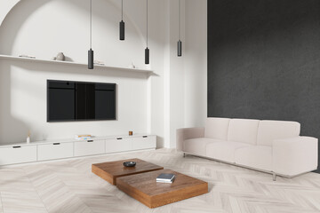 Modern home living room interior with couch and tv screen, sideboard with decor