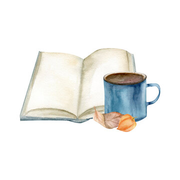 Opened book with blue metal cup of coffee and leaves watercolor composition. Hand drawn cozy fall clip art for home, harvest season, thanksgiving greeting card design