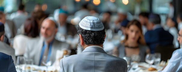Family Passover dinner seder. Jewish man with kippah sitting at festive table with traditional food. Jewish family celebrate Hanukkah, Shavuot. Bat and Bar Mitzvah
