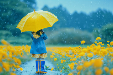 Back view of girl with yellow umbrella and blue raincoat generated by AI