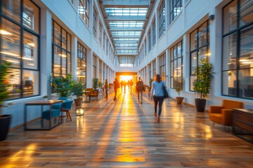 An indoor setting with warm lighting and blurred figures of people walking through a corridor lined with plants and seating areas - obrazy, fototapety, plakaty