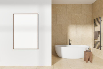 Stylish bathroom interior with bathtub and accessories. Mockup frame