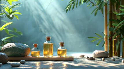 Zen spa setting with bamboo and massage oils.